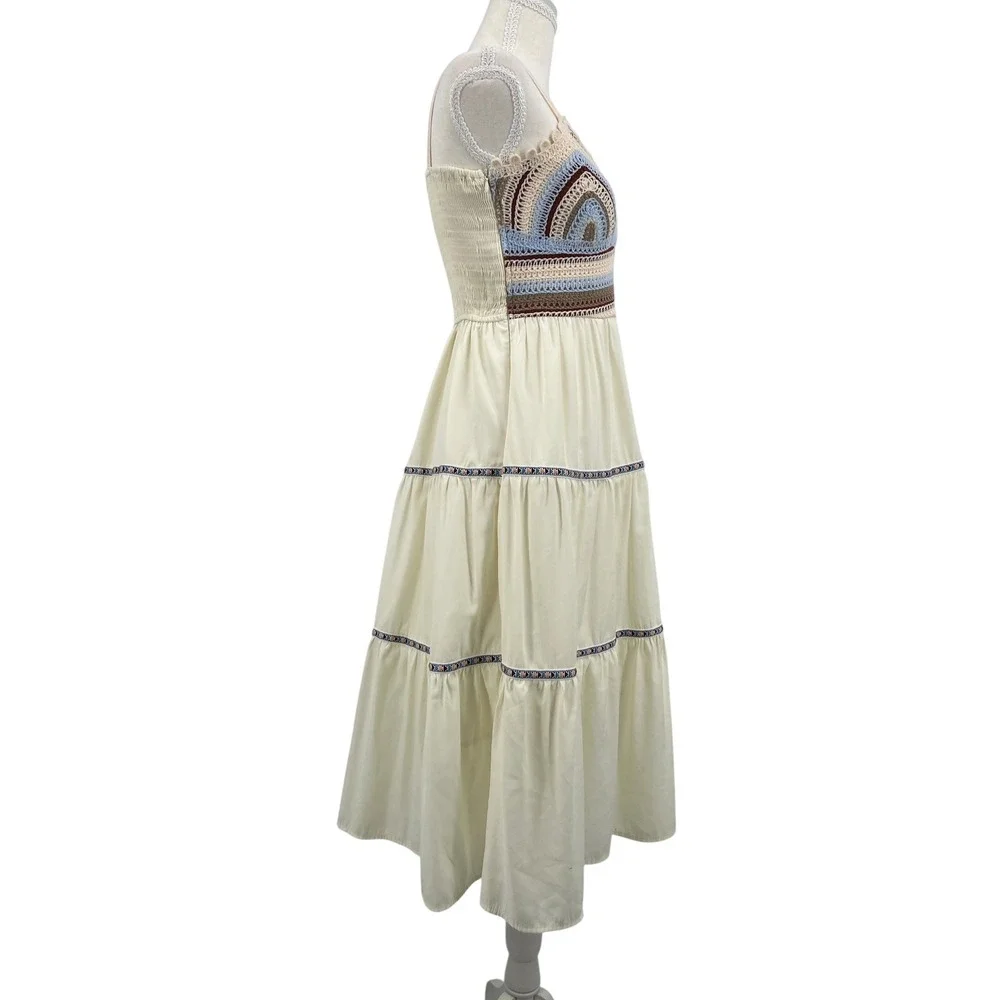 Cider Crochet Bodice Midi Dress Cream Boho Tiered Festival Summer Farmers Market